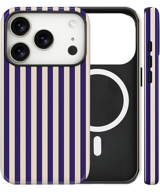 Magnetic for iPhone 17 Pro Case Cute Stripes Phone Case, Shockproof Slim TPU and Hard PC Protective Phone Cover Compatible with MagSafe Designed for Women Girls, Deep Purple