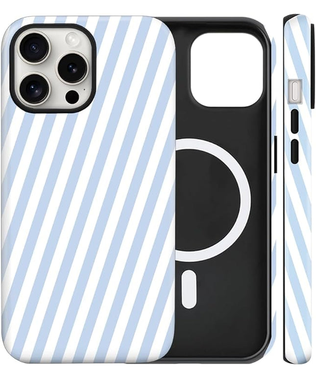 Magnetic for iPhone 16 Pro Max Case Cute Diagonal Stripes Phone Case, Shockproof Slim TPU and Hard PC Protective Phone Cover Compatible with MagSafe Designed for Women Girls,Blue