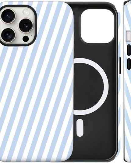 Magnetic for iPhone 16 Pro Case Cute Diagonal Stripes Phone Case, Shockproof Slim TPU and Hard PC Protective Phone Cover Compatible with MagSafe Designed for Women Girls,Blue