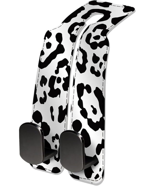Car Seat Headrest Hook, Universal Leather Cute Hanger Holder Hook, Storage Organizer Interior Accessories for Purse Bags Handbag White Black Leopard