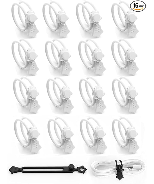 16 Pack Silicone Cable Ties, Reusable Star Design Cord Organizer Straps With 2 Binding Methos, Durable & Stretchable Wire Management for Home, Office, Travel (White)