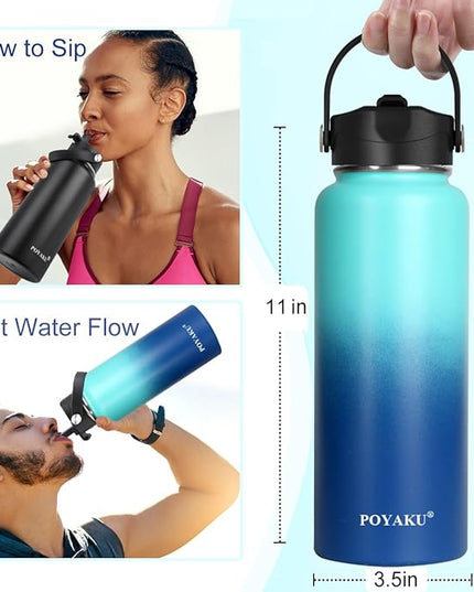 Water Bottle Insulated 32oz 40oz 64oz 128oz Straw Lid Spout Lid & 3 Lids, Leak Proof, Vacuum Insulated,Stainless Steel Water Bottle Wide Mouth for Sports, Gym or Office