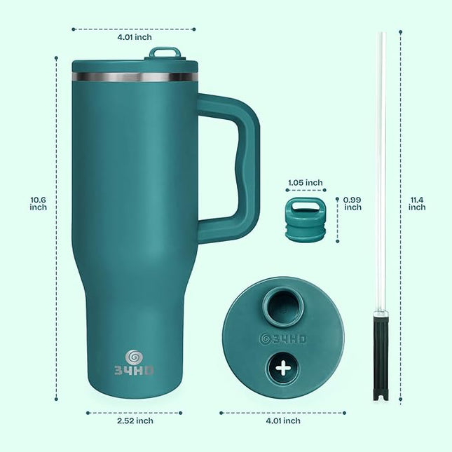 34HD 40 oz Stainless Steel Tumbler - Leakproof Insulated Water Bottle with Handle, Magnetic Lid and Flexible Straw - Iced for 48 Hours – Perfect for Men, Women, Birthday Gift, Green - Teal Mirage