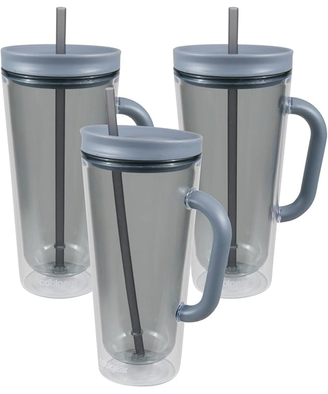 COOL GEAR 3-Pack 26 oz Spritz Tumbler with Straw and Handle | Pressure Fit Lid, Colored Re-Usable Tumbler Water Bottle with Straw and Handle - Cool Grey Pack
