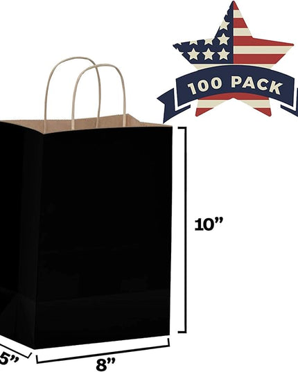Qutuus Black Gift Bags with Handles Bulk - 100 Pcs 8x4.5x10 inches Black Paper Bags for Shopping, Retail, Small Business, Party, Merchandise