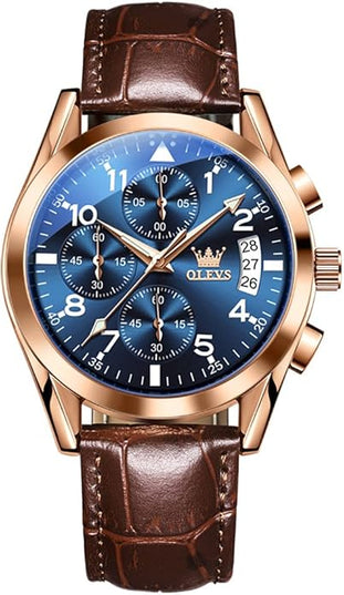 OLEVS Men's Watches Leather Strap Analog Quartz Watch, Fashion Big Dial Date Waterproof Watch, Dress Luxury Luminous Men Watches