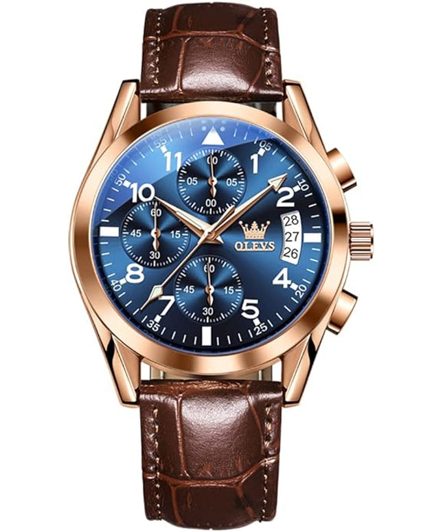 OLEVS Men's Watches Leather Strap Analog Quartz Watch, Fashion Big Dial Date Waterproof Watch, Dress Luxury Luminous Men Watches