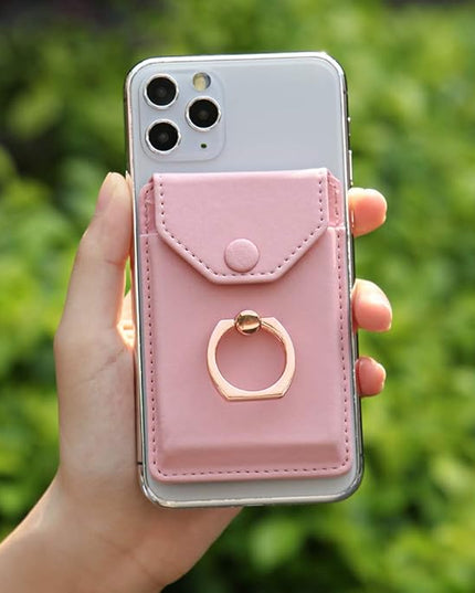 Cell Phone Card Holder RFID Ring Stand Stick on Wallet Card Holder for Back of Phone iPhone Android and All Smartphones Adhesive Credit Card Holder Pink