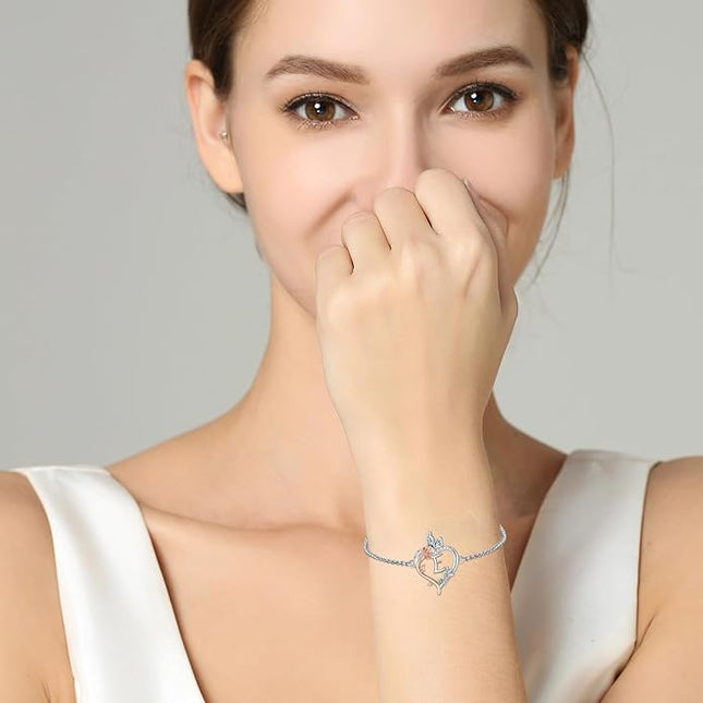 TOUPOP Gifts for Women Rose Heart Initial Bracelet 925 Sterling Silver Butterfly Letter Link Bracelet Love Jewelry Valentines Day Birthday Gifts for Her Wife Girlfriend Mom