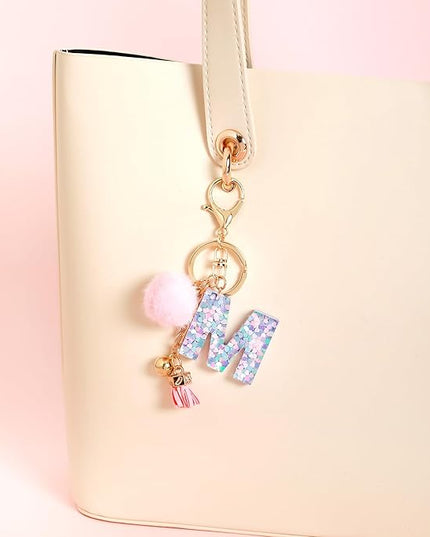 Resin Alphabet Initial Letter Keychain Keyring for Women Purse Handbags With Fur Ball Pom