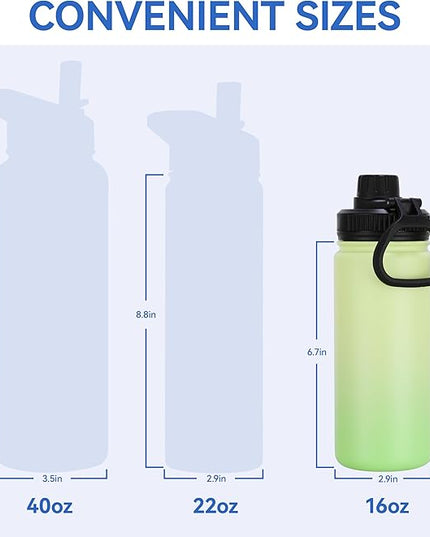 DOMICARE 16 oz Kids Water Bottle for School Stainless Steel Double Wall Vacuum Insulated Water Bottle with Straw lids & Spout Lid, Leakproof BPA Free (Green gradient,4)
