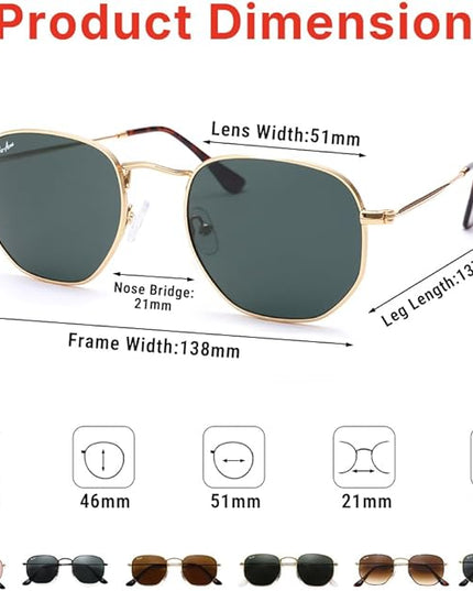 Pro Acme Small Square Sunglasses for Women Men 100% Real Glass Lens Hexagonal Frame