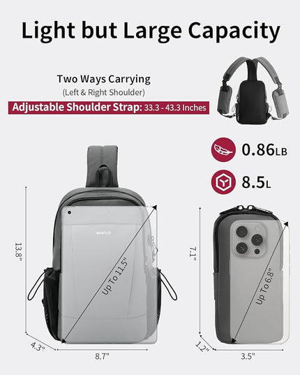ECOHUB Anti-Theft Crossbody Bag Men Women, RFID Blocking Lightweight Sling Backpack Eco-Friendly with 9 Pockets Sturdy SBS Zippers Water Resistant for Travel Work Hiking Outdoor, Grey