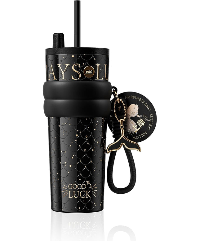 24 oz Tumbler with Lid and Straw, Insulated Coffee Mug Leak Proof, Portable Iced Travel Water Bottle, Reusable Thermal Coffee Cup, Gifts for Women, Mystic Black