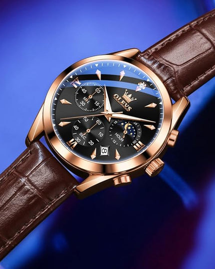 OLEVS Men's Watches Leather Strap Analog Quartz Watch, Fashion Big Dial Date Waterproof Watch, Dress Luxury Luminous Men Watches