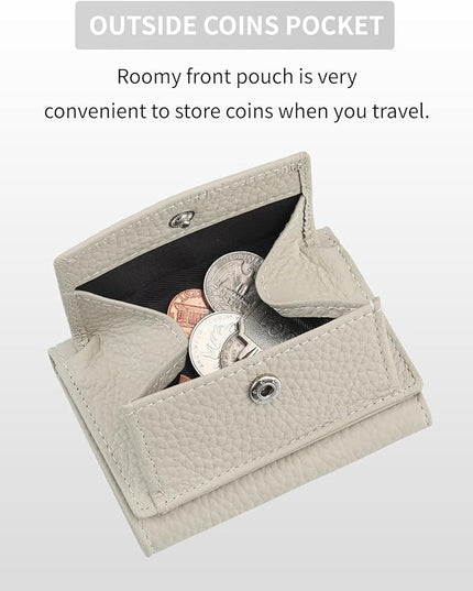 Unisex RFID Genuine Leather Wallet Compact Trifold with Coin Pouch & Card Slots Black (Grey Beige)