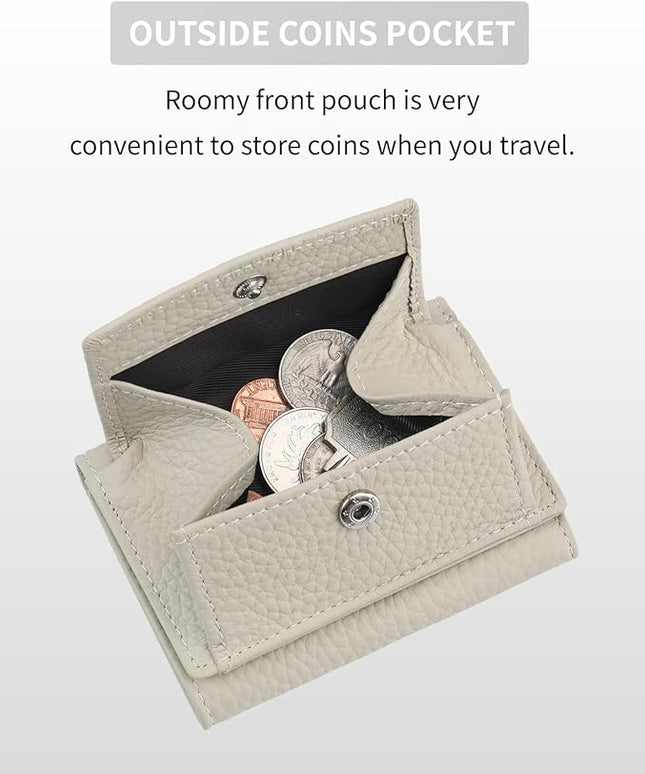Unisex RFID Genuine Leather Wallet Compact Trifold with Coin Pouch & Card Slots Black (Grey Beige)