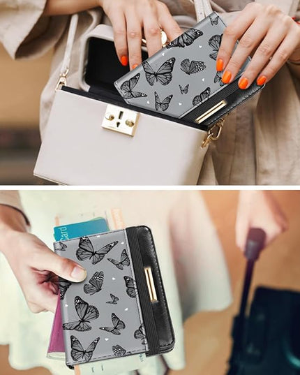Passport Holder Cover Travel RFID Blocking Passport Cover Rose Gold Cute Flowers Passport Wallet with Elastic Band for Women