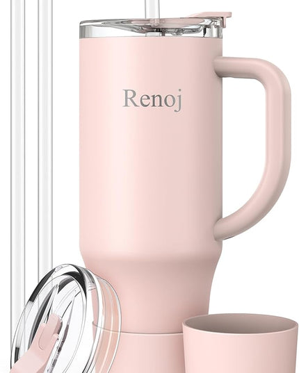 Renoj Tumbler with Handle 100% Leak Proof Insulated Water Bottle for Iced Coffee & Hot Drinks - Fits Car Cup Holder, Ideal Gift, 2 Straws & Silicone Boot BPA-Free - SnapShift Light Pink 32 oz