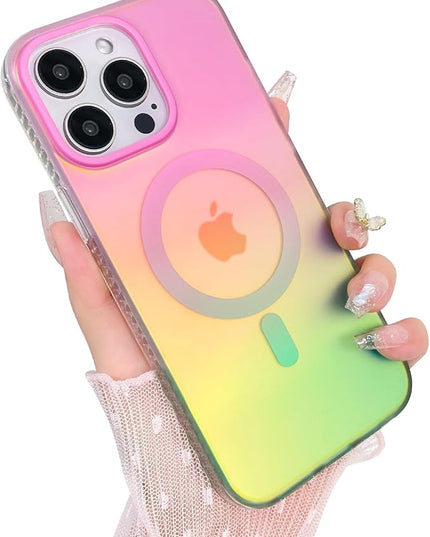 Aesthetic Case for iPhone 13 Pro Max Case for Women Girls, Compatible with Magsafe, Cute Girly Trendy Glitter Sparkly Rainbow Magnetic Protective Phone Cover, Matte Iridescent Pink & Green