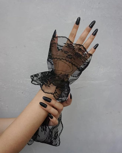 OYOANGLE Women's Floral Lace Bow Front Short Wrist Cuff Wedding Wrist Length Bridal Prom Gloves
