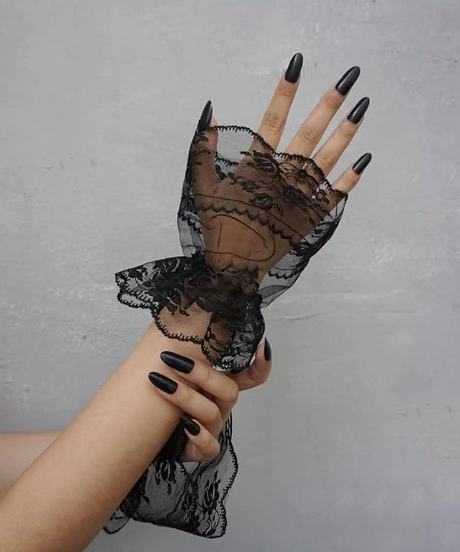 OYOANGLE Women's Floral Lace Bow Front Short Wrist Cuff Wedding Wrist Length Bridal Prom Gloves