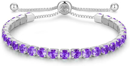 Valentines Day Gifts Sterling Silver Birthstone Tennis Bracelets for Women 4mm Tennis Bolo Bracelet Fashion Jewelry Birthday Gifts for Women Wife Mom Her | Adjustable Size 9"