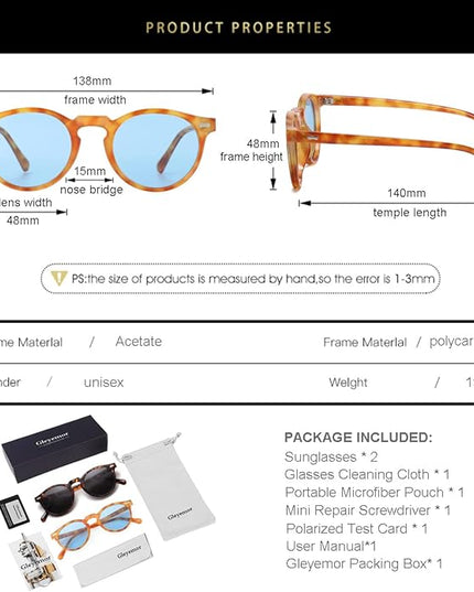 Gleyemor Vintage Polarized Sunglasses for Men Round Sunglasses UV400 Protection Retro Hand-crafted Acetate Frame