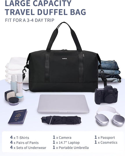 ECOHUB Travel Duffel Bag, Water Resistant Weekender Bag Carry On Bags for Women, Sport Gym Bags for Men, Hospital Bag for Labor and Delivery, Overnight Bag Luggage Bag with Trolley Sleeve, 30L Black