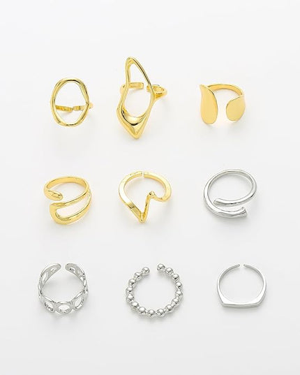 Chunky 14K Gold Plated Stackable Rings Set for Women,Vintage Knuckle Rings Dainty Hollow Carved Joint Finger Midi Rings Pack Adjustable Signet Mixed Size