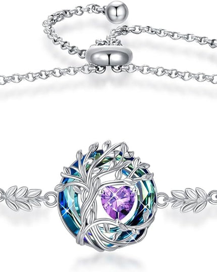 TOUPOP Tree of Life Birthstone Bracelet 925 Sterling Silver Family Tree Austrian Crystal Jewelry Anniversary Birthday Christmas Gifts for Women Wife Girlfriend Her