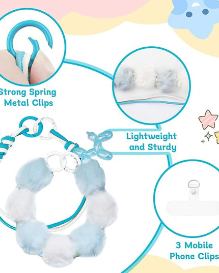 2 Pcs Phone Charm Wrist Strap with Tether Tab, Double Anti Lost Fluff Ball Beaded Wrist Lanyard, Detachable Leather Phone Charms for Bag, Key Chains, Camera Decor