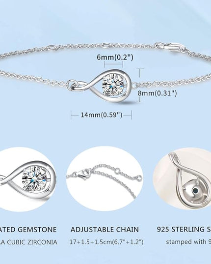 FANCIME Love Bracelet 925 Sterling Silver Infinity Birthstone Bracelets for Women Fine Jewelry Birthday Christmas Gifts for Her Mom Wife, Chain Length 6.7"+1.2" Extend