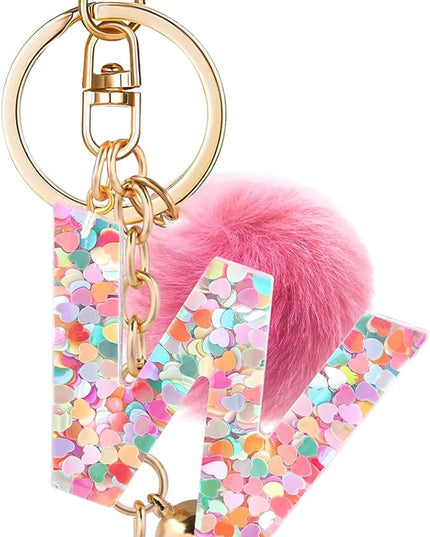 Resin Alphabet Initial Letter Keychain Keyring for Women Purse Handbags With Fur Ball Pom