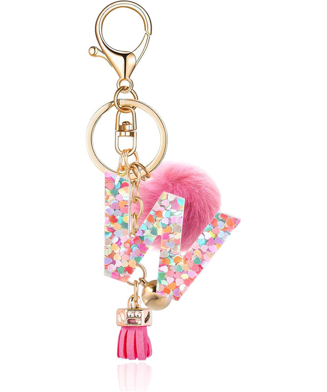 Resin Alphabet Initial Letter Keychain Keyring for Women Purse Handbags With Fur Ball Pom