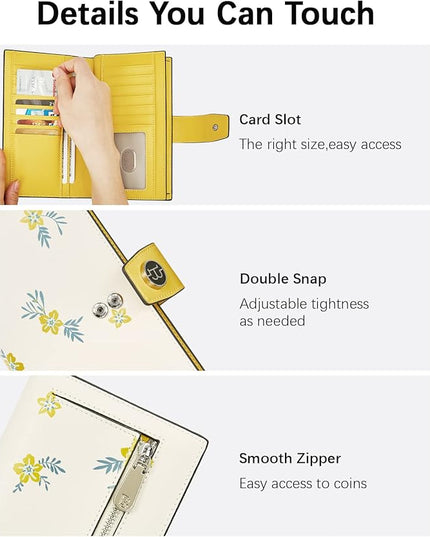 BOSTANTEN Womens Wallet Genuine Leather Wallets Large Capacity Cash Cluth Purses with Zipper Floral Yellow