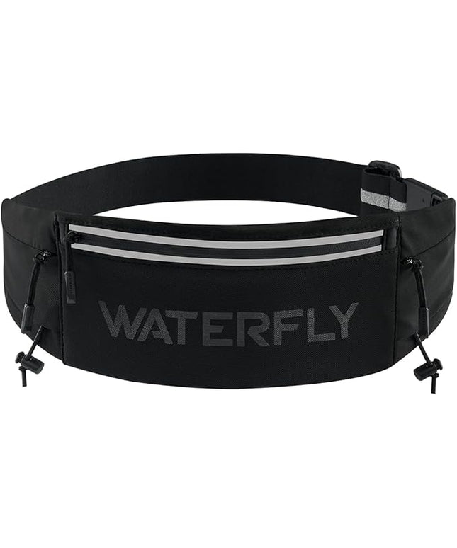 WATERFLY Running Belt Fanny Pack: Breathable 3 Pocket Waist Bag for Men Women Workout Exercise Fitness Phone Holder Fits All Phones - Runner Marathon Jogging Race Belt with Bib Clip Black