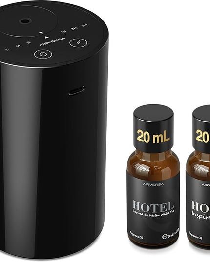 Airversa Waterless Essential Oil Diffuser Starter Kit with 2x20mL Hotel Fragrance Oils for Car Home Office, Up to 600 sq ft, Cordless Nebulizer Baterry Operated, Mist & Timer Settings AN8Kit-3, Black