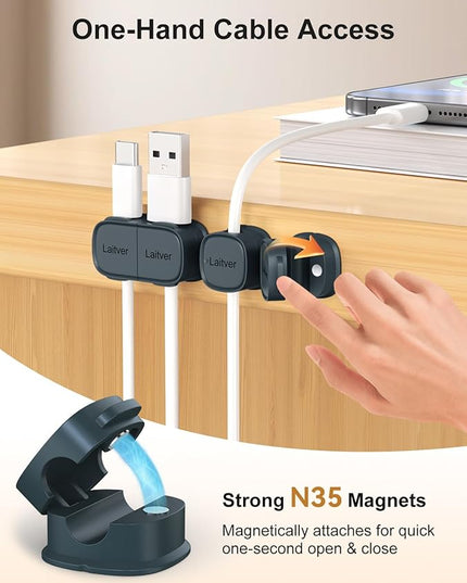 6 Pack Magnetic Cable Clips [1s Open/Lock], Laitver Cord Organizer Holder Strong Adhesive Desk Cable Management- Organize Charging Cords Neatly for Home, Office, Car,Desk, Nightstand-Sea Blue
