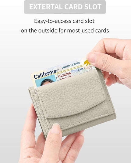 Unisex RFID Genuine Leather Wallet Compact Trifold with Coin Pouch & Card Slots Black (Grey Beige)