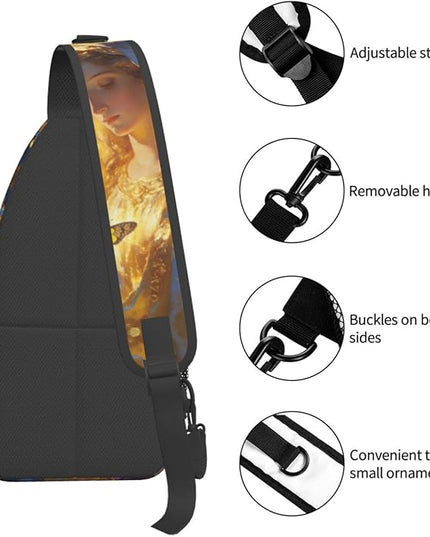 Our Lady of Guadalupe Sling Bag Crossbody Bags Clovers Chest Bag for Travel Hiking for Men Women Golden Mary 5