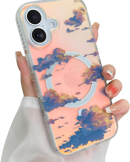 Cute Case for iPhone 17 Case for Women Girls [ Compatible with Magsafe ] Aesthetic Cloud Pattern Design, Girly Glitter Sparkly Bling Protective Phone Cover, Iridescent Sun Set Sky