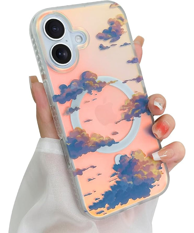 Cute Case for iPhone 17 Case for Women Girls [ Compatible with Magsafe ] Aesthetic Cloud Pattern Design, Girly Glitter Sparkly Bling Protective Phone Cover, Iridescent Sun Set Sky