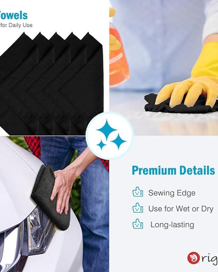 Orighty Microfiber Cleaning Cloth, 12 Pack Microfiber Towels for Cars, Highly Absorbent Car Cleaning Supplies, Lint Free Cloths Clean Rags for Car Care, House, Kitchen, 12x12 inch, Black