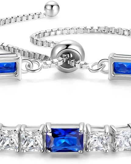 FANCIME Birthstone Bracelet for Women, Sterling Silver 4x6mm Gemstone Tennis Bracelet Bolo Adjustable Chain Fine Jewelry Birthday Gifts for Women Mom Wife Her
