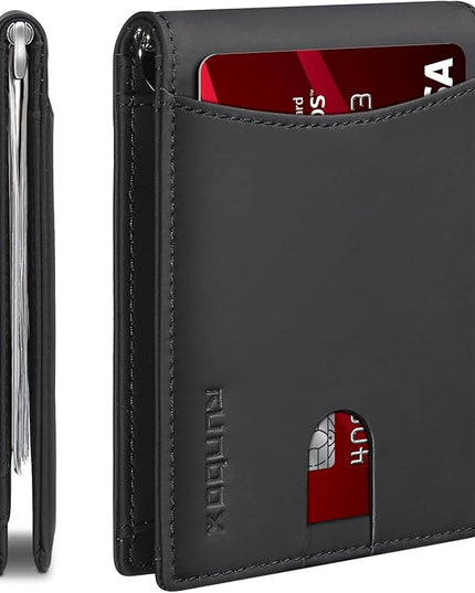 RUNBOX Slim Wallet for Men Genuine Leather RFID Blocking Bifold Minimalist Front Pocket Mens Wallet with Money Clip Thin Gift Box