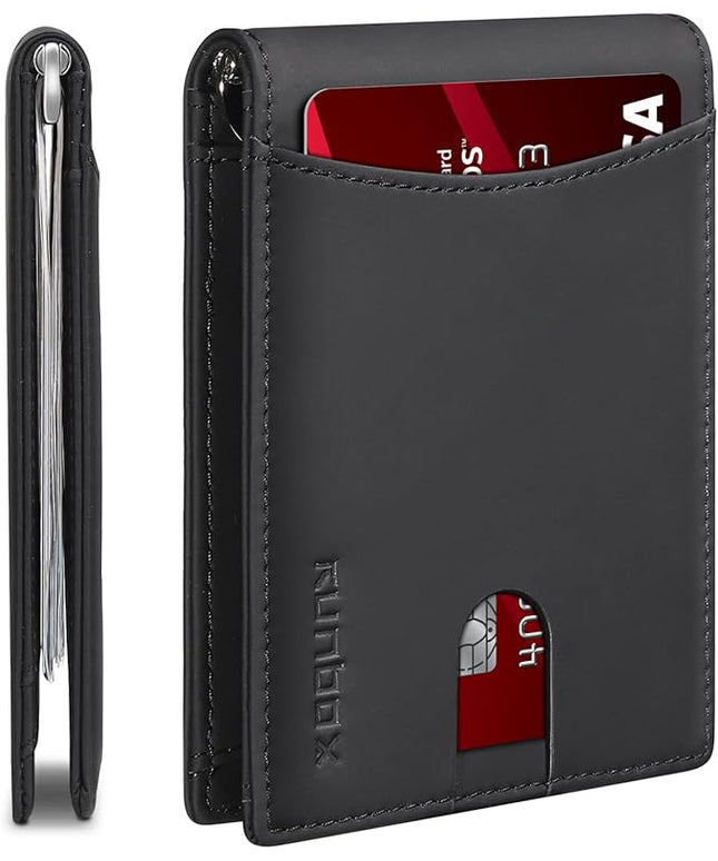 RUNBOX Slim Wallet for Men Genuine Leather RFID Blocking Bifold Minimalist Front Pocket Mens Wallet with Money Clip Thin Gift Box