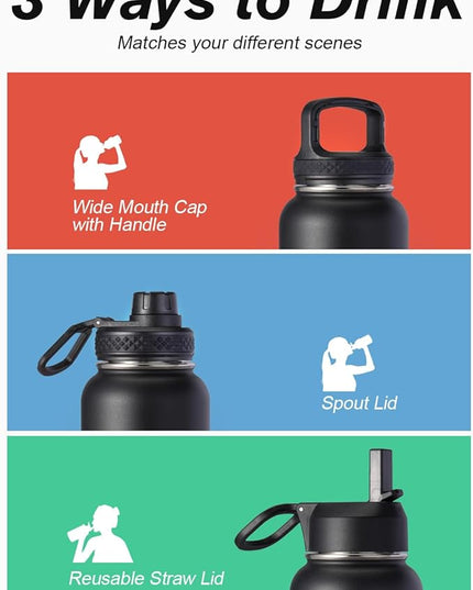 Water Bottle 40 oz Insulated with Straw&Brush, Coolflask Vaccum Stainless Steel Metal 3 Lids Water Flask for Sports, Gym or Office, Keep Cold 48H Hot 24H, Piano Night