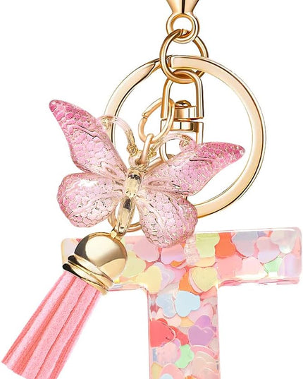 Fashion Alphabet Initial Letter Keychain Tassel Butterfly Pendant Key Ring for Purse Handbags Women Girl