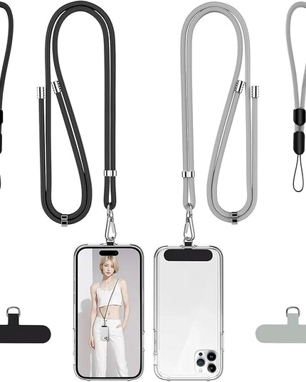 takyu Phone Lanyard, 2 Pack Adjustable Cell Phone Lanyard Crossbody Neck Strap & 2 Pack Phone Wrist Strap with 2 PcsTether Tabs Compatible for iPhone Android Smartphones-Black Grey